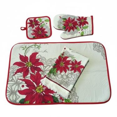 Imagem de Conjunto Para Cozinha 4 Peças Natal Pegador Pano de Prato Tapete e Luv