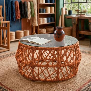 Imagem de Mesa de Centro com Tampo de Vidro em Aço e Corda Náutica Terracota Aruá