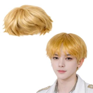 Imagem de Peruca Loira Masculina Curta Estilo Coreano Kpop de Fibra Sintética para Fantasia Extra Festas