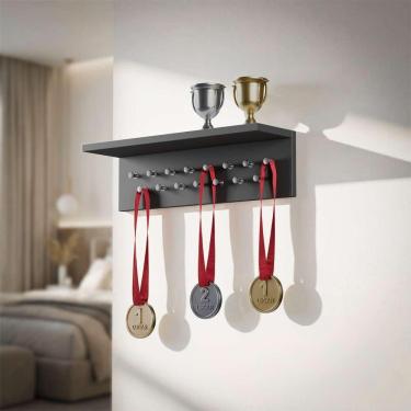Imagem de Porta Medalhas com Suporte para Troféus em MDP 15mm Preto Mercado das Prateleiras 45CM