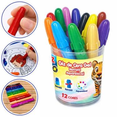 Imagem de Giz de Cera 12 Cores Aquarelavel Gel Retratil Estojo Escolar - Kaz