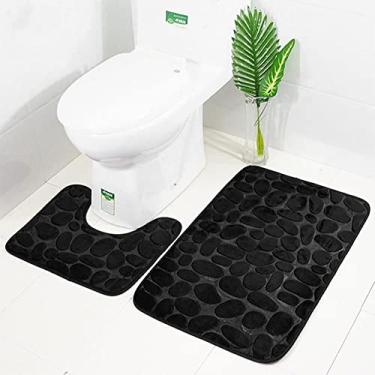 Imagem de Conjunto de 3 tapetes de banho macios antiderrapantes 2 peças tapete de paralelepípedos tapete de banheiro absorvente tapetes de banho tampa do vaso sanitário piso, preto, 2 peças