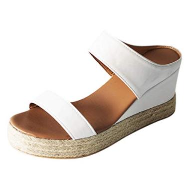 Imagem de Sandálias Sapatos de praia femininas respiráveis abertas cunhas de palha casual slip-on verão sandália alta feminina (branca, 9)