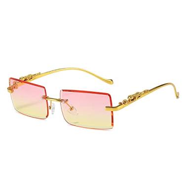 Imagem de Óculos de sol femininos retangulares sem aro vintage tons de designer de moda de luxo moldura de leopardo dourado óculos de sol UV400, ouro rosa amarelo, um