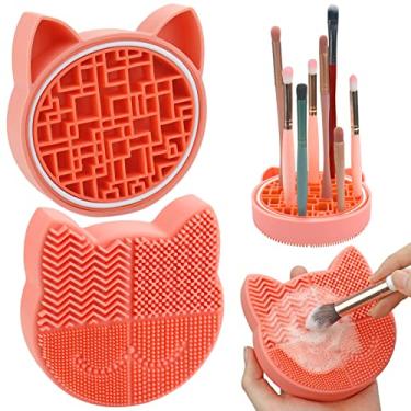 Imagem de Tapete de limpeza de pincel de maquiagem com suporte de secagem para pia - almofada de limpeza de escova cosmética de silicone de Natal (laranja)