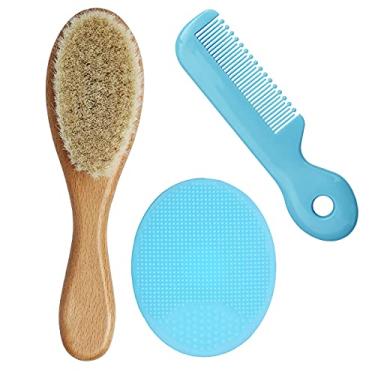 Imagem de Escova de cabelo de bebê com alça de madeira e conjunto de escova de berço de bebê, para recém-nascidos e crianças - Cerdas de cabra macias naturais - Ideal para tampa de berço - para registro do bebê