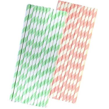 Imagem de Canudos de papel listrados – Verde menta rosa claro branco – 19 cm – Pacote com 50 da marca Outside the Box Papers
