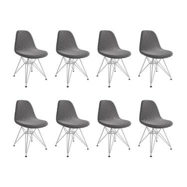 Imagem de Kit 8 Cadeiras Jantar Eames Eiffel Estofadas Grafite Base Ferro Branco
