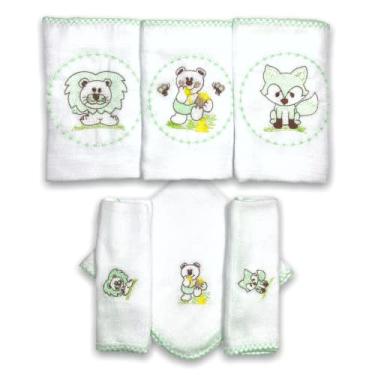 Imagem de Kit 6 Fraldas De Pano para Bebê Bordada (3 de Ombro + 3 De Boca) (Bichinhos Verde (Raposa, Leão e Ursinho))