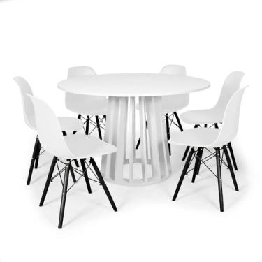 Imagem de Conjunto Mesa de Jantar Redonda Talia 120cm Branca com 6 Cadeiras Eames Eiffel Base Preta - Branco