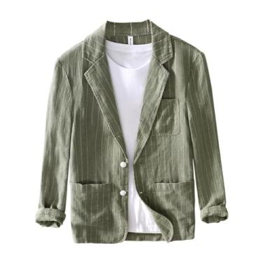 Imagem de UEAUY Blazer masculino listrado de linho, casaco solto, leve, esportivo, ternos elegantes, Verde militar, X-Large