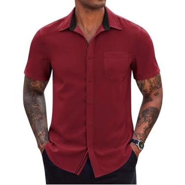 Imagem de COOFANDY Camisa masculina casual de botão manga curta Muslce Fit Business Dress Shirt com bolso, Vinho tinto, 3G