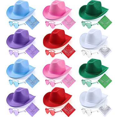 Imagem de 36 peças chapéu de cowboy adulto com bandana coração óculos de sol unissex chapéu de cowboy de feltro masculino feminino chapéu de festa ocidental chapéu de cowboy fantasia de cowboy, Multicor,