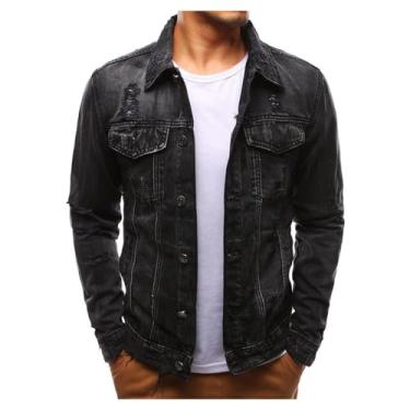 Imagem de Jaqueta jeans masculina, cor sólida, com botões, caimento justo, vários bolsos, jaqueta de mendigo rasgada, Preto, XX-Large