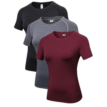 Imagem de Camiseta feminina fitness casual atlética corrida treino ioga secagem rápida pacote com 3, Pacote com 3 - preto, cinza, vinho tinto, P