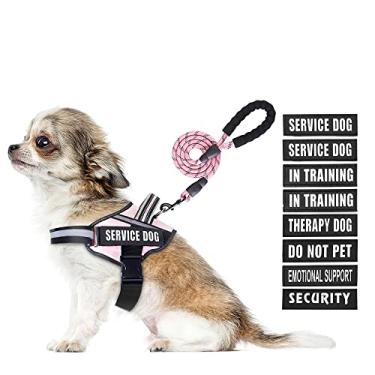 Imagem de Conjunto de peitoral e guia para cães de serviço, animire em adestramento de cães com 9 emblemas para cães, coleira refletiva para cães pequenos, médios, grandes e extragrandes (rosa, PP)