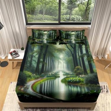 Imagem de Jogo de cama solteiro com bolso extra profundo de 3 peças, floresta riacho verde, ajuste para colchão de bolso profundo de 40,6 cm, lençol macio e ultraprofundo e 2 fronhas