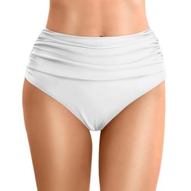 Imagem de Lainuyoah Calcinha de biquíni feminina cintura alta com controle de barriga franzida cor sólida moderna calcinha tanga de praia, B - branco, M