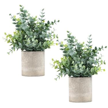 Imagem de Coferset Pacote com 2 pequenas plantas artificiais de eucalipto em vasos de plantas artificiais para prateleira, mesa, banheiro, casa de fazenda, sala de café, decoração (verde sálvia)