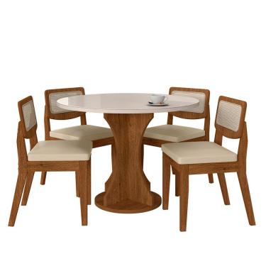 Imagem de Mesa Com 4 Cadeiras Redonda C/vidro Santorini Fre/off/corino Beg - M.a