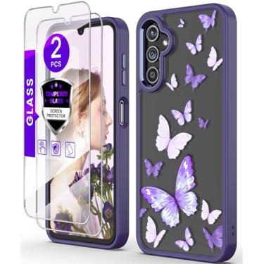 Imagem de DagoRoo Capa para Samsung Galaxy A14 5G com protetor de tela de vidro temperado [2 unidades], [proteção de grau militar] TPU macio fino e policarbonato rígido, capas femininas com padrão de flor cristalina - borboleta roxa
