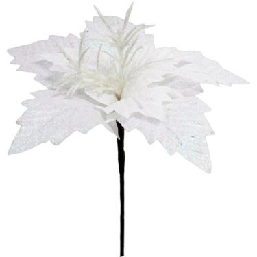 Imagem de Kit 2 Flores Artificial Gliter Enfeite Branco Natalino 25cm
