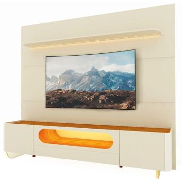 Imagem de Rack Bancada Nobre Com Painel Para Tv Até 85 Polegadas Com Pés De Vidro E Led Royal Off White/madeirado Gelius