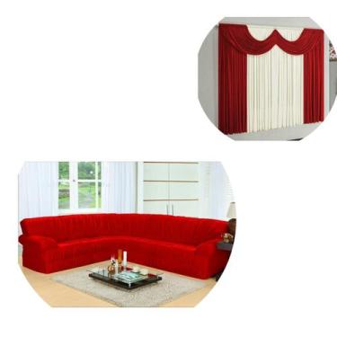 Imagem de Cortina Paris 02 Metros + Kit Capa Sofá Canto 5/6 Lugares Vermelho - E