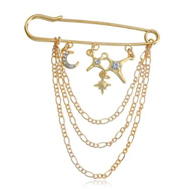 Imagem de Broche punk de corrente longa, alfinete de segurança moderno retrô para pendurar correntes de colarinho broches para mulheres, broche de casaco de colarinho legal para alfinetes de corsage masculinos,