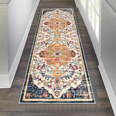 Imagem de Tapete passadeira para hall de entrada Pauwer 0,6 x 1,8 m, lavável, antiderrapante, boêmio, casa de fazenda, vintage, para cozinha, lavanderia, quarto, banheiro, azul, marfim, laranja