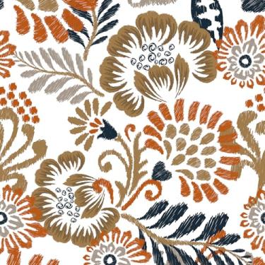 Imagem de VaryFloral Papel de parede floral exótico vintage laranja azul marinho flor cáqui papel de parede descascar e colar antigo étnico botânico floral papel de contato para prateleira 30,5 x 299,7 cm