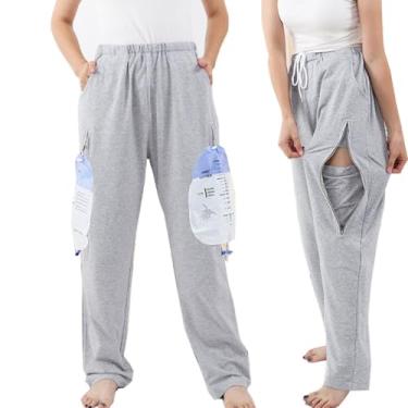 Imagem de WEEOATAR Calça unissex para incontinência com bolsos duplos para nefrostomia, Foley, cateteres suprapúbicos e biliares (cinza, longa, 2GG)