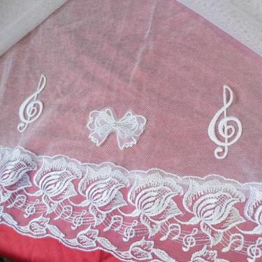 Imagem de VÉU CCB  renda larga notas musicais organza aplique laço - Quadrado ou