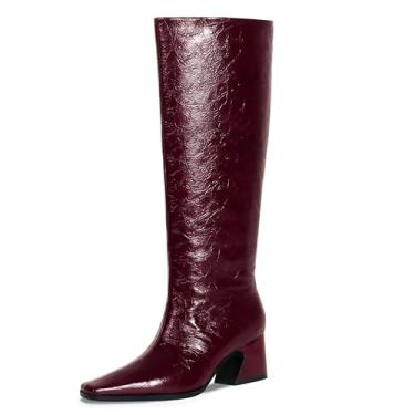 Imagem de COMJUY Botas de cano alto para mulheres, salto baixo gatinho, salto bloco sem fecho, bico quadrado, botas de equitação planas, botas Gogo, couro sintético, 5 cm vermelho vinho, 38