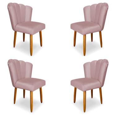 Imagem de Kit 4 Cadeiras de Jantar Pétala Estofada Pés Palito Veludo Rosê Claro 