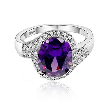 Imagem de Anéis solitários femininos de ametista criada pela Uloveido, anéis de noivado, corte oval, roxo, zircônia cúbica, cristal, anéis de compromisso tamanho 6 7 8 9 J334 Roxa