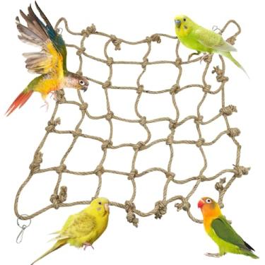 Imagem de Rede de corda de pássaro natural da Tfwadx, tamanho grande – Rede de papagaio de 61 x 61 cm, Escada de escalada de pássaros para pendurar gaiolas Brinquedos de mastigar para mastigar poleiros para Budgies Arara Conure Finch Cockatoo Budgie African Grey Parakeet