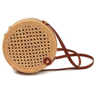 Imagem de XEVAR Bolsa redonda de vime feita à mão com alça de couro – Bolsa transversal Boho de palha de vime para mulheres, presente para praia e férias, Malha de vime Boho, Standard