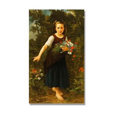 Imagem de NHLDZYH William Adolphe Bouguereau, impressão clássica, (menina segurando flores), cartaz temático de mitologia grega, decoração de parede para cozinha, quarto. 40 x 68 cm apenas tela