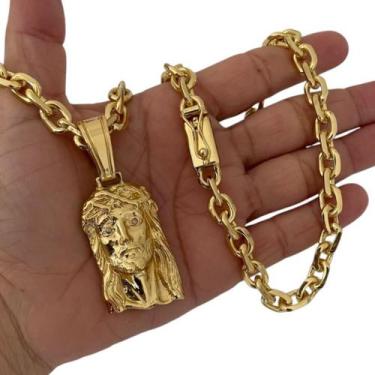 Imagem de Cordão 8Mm Cadeado + Pingente Jesus Face - Banhado A Ouro - Tojoia18K