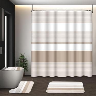 Imagem de Tayney Conjunto de cortina de chuveiro bege com tampa de vaso sanitário e tapetes antiderrapantes para banheiro, linhas listradas modernas, 4 peças, conjunto de banheiro abstrato simples com 12