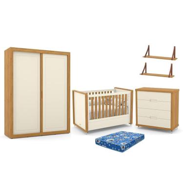 Imagem de Dormitório Tutto New 2 Portas, Cômoda, Berço com Colchão e Prateleiras - Matic Móveis Off White/Freijó