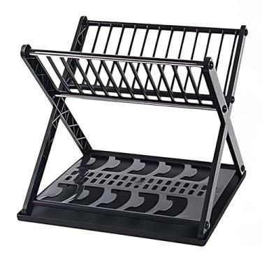Imagem de Escorredor de Louça Duplo 2 Andares Desmontável, Porta Pratos e Talheres, Bandeja Coletora com Dreno Ajustável, Compacto para Pia, Suporte para Copos, Organizador de Cozinha Plástico Preto/Branco