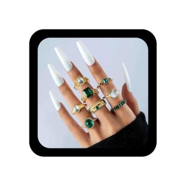 Imagem de Zeshimb Conjunto de anéis empilháveis para mulheres, delicados, verde-esmeralda, cristal, lágrima, quadrados, anéis de dedo de zircônia cúbica, joias estéticas para mulheres, Metal, Sem pedra preciosa