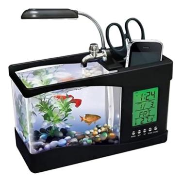 Imagem de Aquário Multifuncional com LED, Relógio Digital e Porta-Objetos, Mini Aquário USB para Decoração de Mesa, Preto