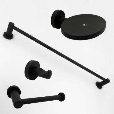 Imagem de Conjunto de acessórios para banheiro preto - Toalheiro, porta-papel, saboneteira com ganchos para roupão | 5 peças, 4 conjuntos