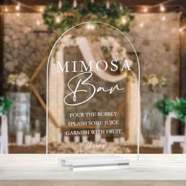 Imagem de Placa de bar Mimosa com arco de acrílico, cartões de casamento transparentes de 12 x 18 cm de espessura e suporte, caligrafia moderna, letras brancas, cartões de acrílico arqueados para casamento