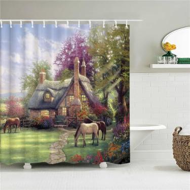 Imagem de Cortina de chuveiro de banheiro com impressão de paisagem de cidade rural, cortina de poliéster com pintura de cenário, decoração para casa, 6301W,W90xH180cm