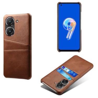 Imagem de Capas Compatível com ASUS Zenfone 9,Caso de couro PU-Tampa de telefone a prova de choque com 2 slots de cartão,Proteção anti-impressão digital e anti-gota-Brown