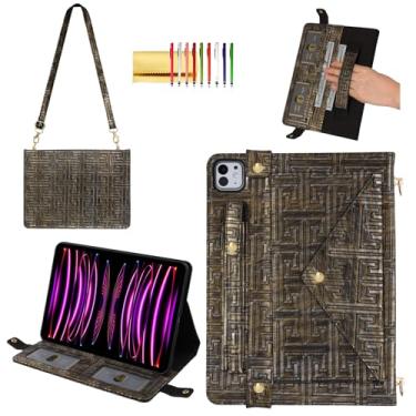 Imagem de Capa de mão para iPad Pro de 12,9 polegadas 2018-2022 e iPad Air 13 polegadas 2024-2025 - Techcircle Vintage Maze Pattern Crossbody Stand Case com suporte para lápis/cartão, alça de mão/ombro, bronze